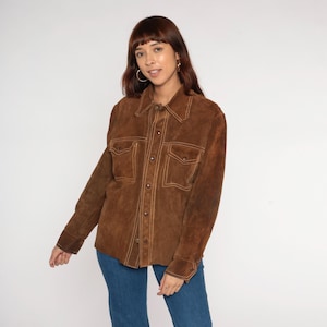 Brown Suede Jacket 70s Western Shirt Style Contrast Stitch Leather