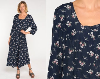 90s Floral Jumpsuit Navy Blue Wide Leg Pantsuit Long Sleeve Retro Flower Print Romper Dress Pants Flowy Vintage 1990s Extra Large xl 16w