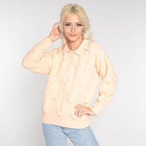 Peach Polo Sweater 80s Textured Knit Pullover Sweater Collared Preppy Button up Jumper Vintage 1980s Acrylic Medium