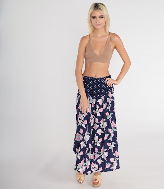 Polka Dot Floral Skirt 80s Maxi Skirt Navy Blue Flower Print Long Bohemian Skirt Summer Basque Waist Hippie Festival Vintage 1980s Medium M