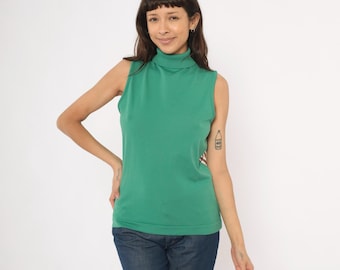 70s Green Sleeveless Turtleneck Sage Knit Tank Top Ribbed Mock Neck Shell Blouse Emerald Preppy Collegiate Vintage Shirt Medium Large M L