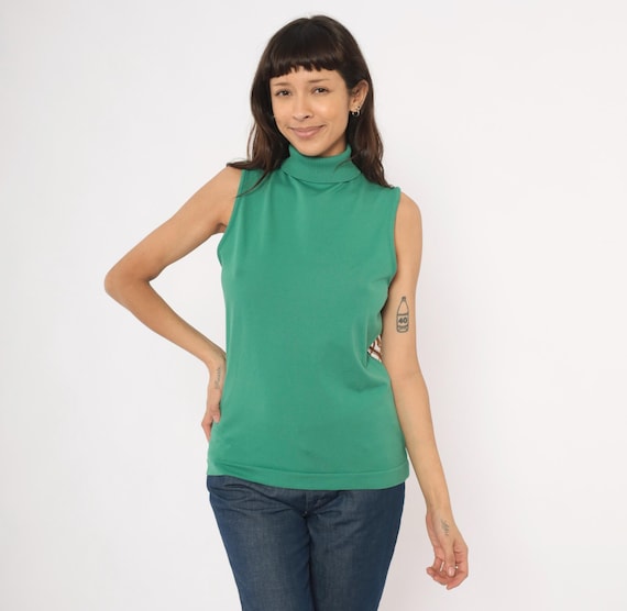 70s Green Sleeveless Turtleneck Sage Knit Tank Top Ribbed Mock Neck Shell Blouse Emerald Preppy Collegiate Vintage Shirt Medium Large M L