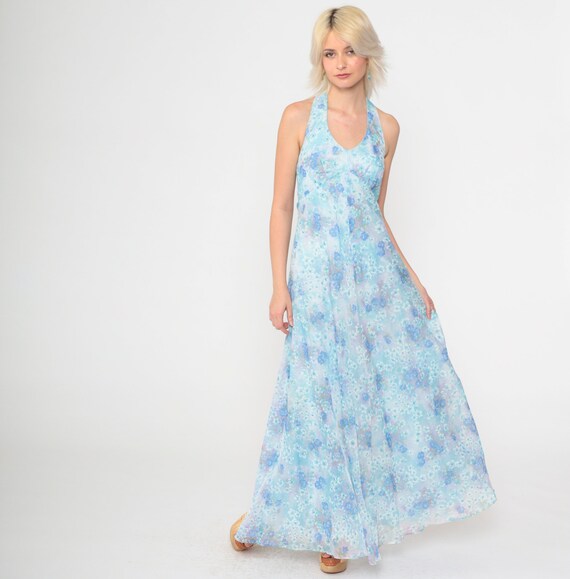 Floral Halter Dress 70s Maxi Dress Light Blue Sun… - image 2