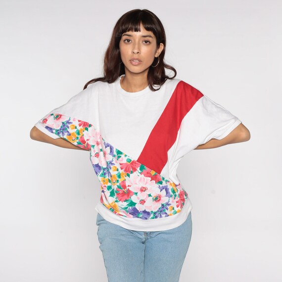 Slouchy Floral Top 80s Floral Shirt White Red Str… - image 5