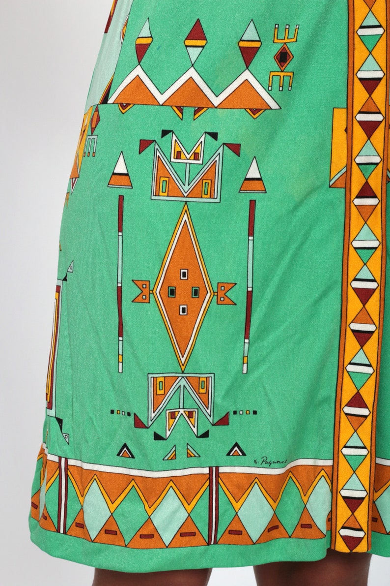 70s Mod Mini Dress Green PAGANNE Dress Tribal Geometric Print V Neck Dress 70s Vintage Minidress Boho Hippie Sleeveless Bohemian Small