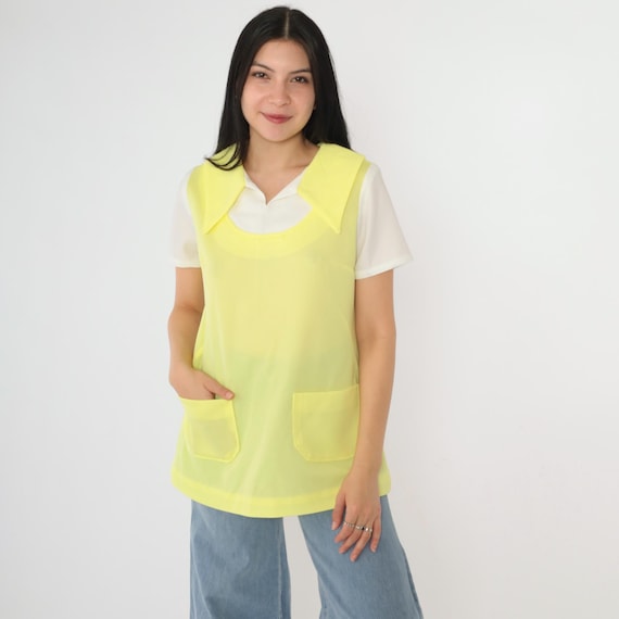 Vintage 60s Mod Yellow Top Diner Uniform Style Pointed Collar White Short Sleeve 1960s Twofer Attached Vest Pocket Top Medium M