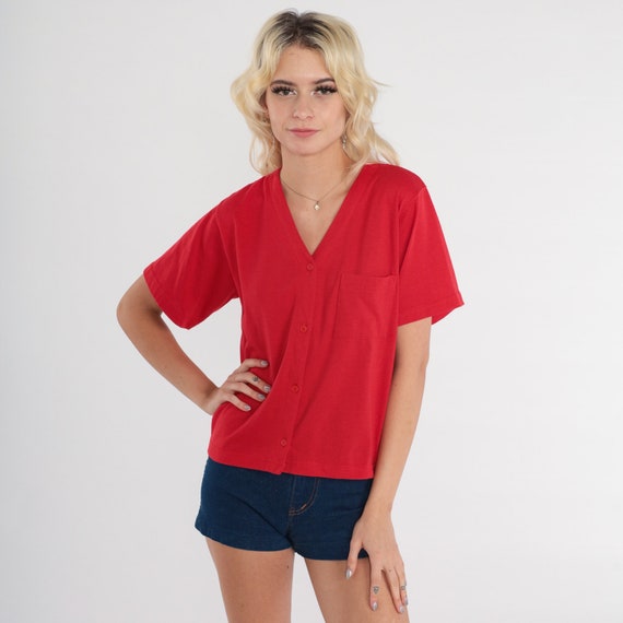 Red Button Up Shirt Vintage 80s V Neck Shirt Chest Pocket Retro Tshirt 1980s Short Sleeve Tee Plain Small S