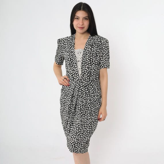 Vintage 90s Black White Floral Midi Dress Lace Trim Puff Sleeve 1990s Button Back Cottagecore Monochrome Calico Petite 6 Small
