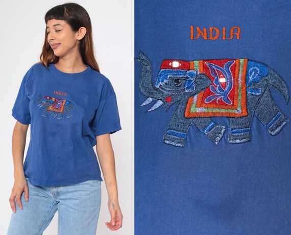India Elephant Shirt Y2K Blue Embroidered T-Shirt Tourist TShirt Travel Souvenir Shirt Mirrored Graphic Tee Vintage 00s Medium Large