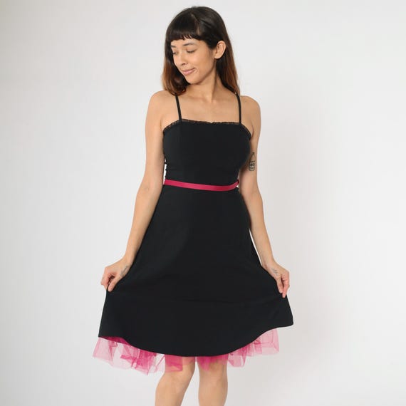 Vintage 90s Black Party Dress Hot Pink Tulle LBD Y2K Spaghetti Strap Midi 1990s Going Out Formal Evening Retro City Triangles Small
