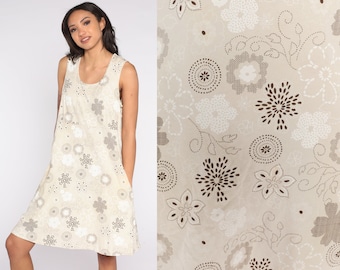 Floral Mini Dress Y2K Beige Grunge Dress Boho Mini Empire Waist Retro 00s Summer Sleeveless Sundress Festival Hippie Bohemian Large L
