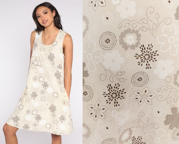Floral Mini Dress Y2K Beige Grunge Dress Boho Mini Empire Waist Retro 00s Summer Sleeveless Sundress Festival Hippie Bohemian Large L