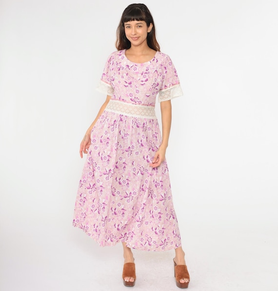 Y2K Floral Maxi Dress Lace Trim Purple Pink 2000s Prairie Cottagecore Short Sleeve Vintage Boho Hippie Pastel Sheer High Waist Large 12