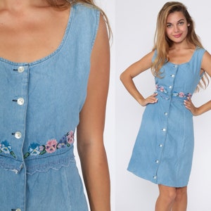 Floral Denim Dress Vintage 1990s Maxi Dress Cherokee Jumper Jean