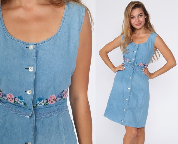 Floral Denim Dress EMBROIDERED Dress 90s Midi Jean