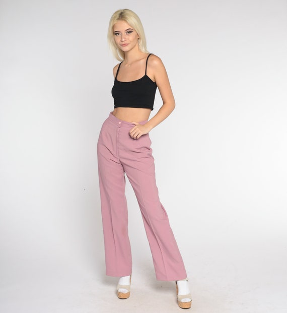 Mauve Pink Bell Bottoms 70s Flared Pants Boho Hippie Flares Plain Bellbottom High Waisted Rise Bohemian Trousers Vintage 1970s Small 25-26