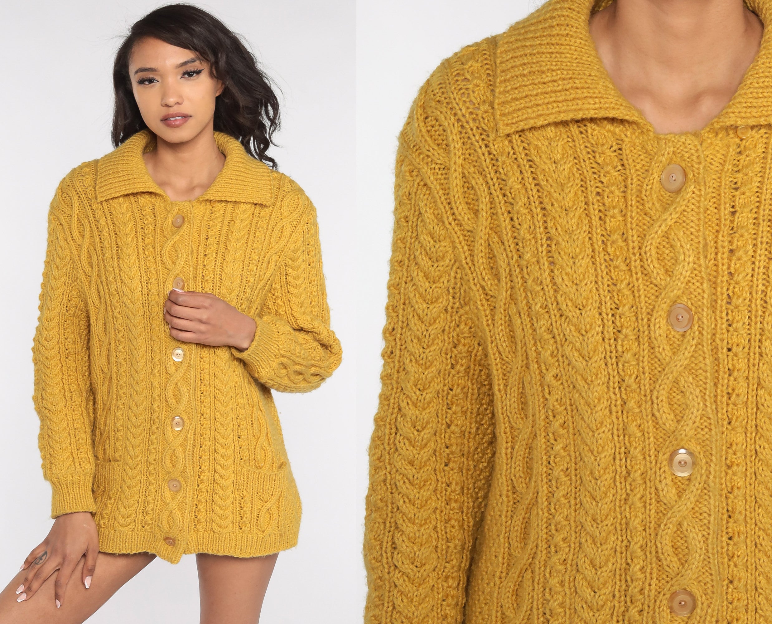 Wool Cable Knit Sweater Mustard Cardigan Sweater 70s Boho Yellow