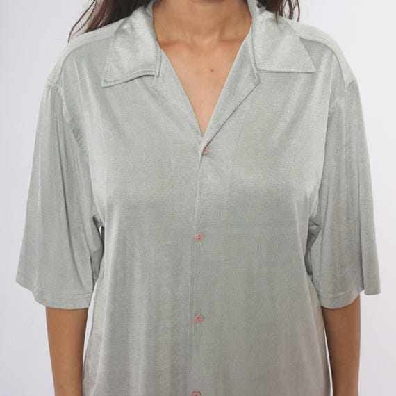 90s Silver Shirt Button Front Collared Tunic Slee… - image 2