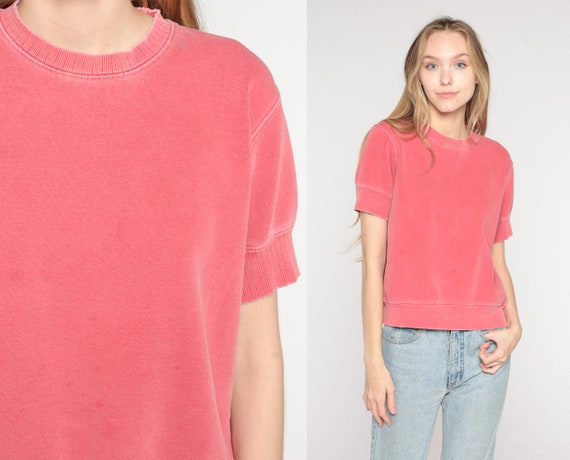 Pink Short Sleeve Sweatshirt 80s Plain Coral T Shirt Slouchy Sweatshirt Retro Top Normcore Hipster Minimalist Basic Vintage 1980s Small S