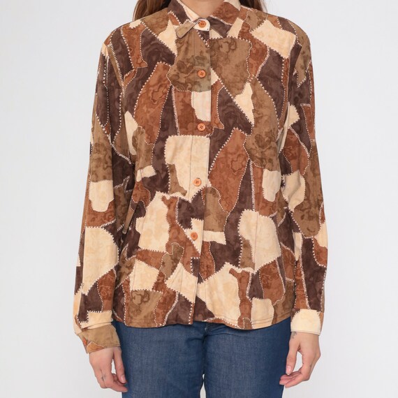 90s Patchwork Blouse Brown Abstract Button Up Shi… - image 9