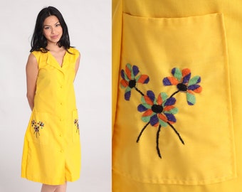 60s Day Dress Yellow Floral Embroidered Dress Shift House Dress Boho Hippie 70s Lounge Vintage Bohemian Pocket Button Up Smock Small S