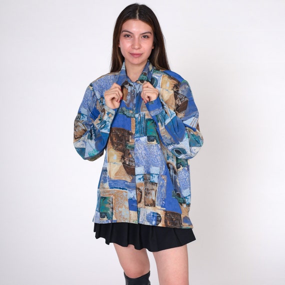 90s Button Up Shirt -- Abstract Shirt Blue Patchwork Watercolor Print Blouse 1990s Grunge Boho Painter Blouse Long Sleeve Extra Large xl