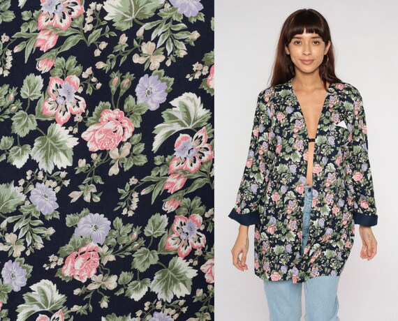 Floral Jacket 90s Navy Blue Open Front Blazer Bohemian Flower Print Boho Jacket Retro Hippie Long Cuffed Sleeve Vintage 1990s Rayon Large L