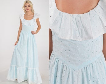 70s Prairie Gown Eyelet Lace Maxi Dress Light Blue Ruffled High Basque Waist Boho Western Cottagecore Formal Prom Vintage 1970s Small S