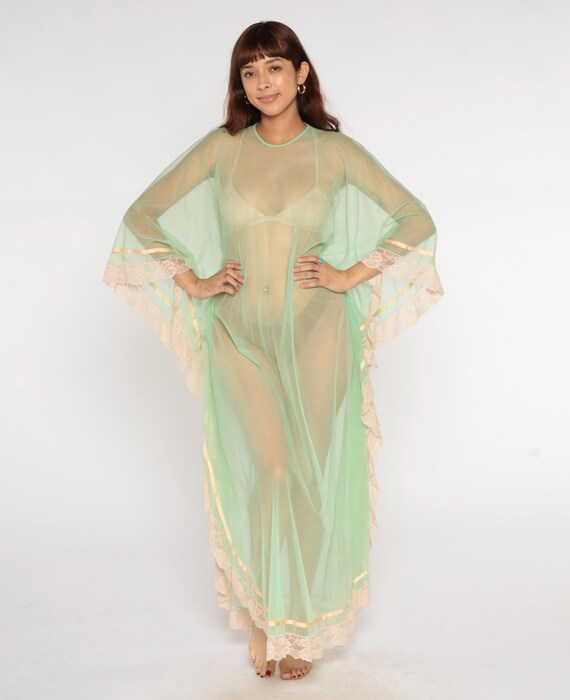 70s Sheer Robe Mint Green Seafoam Lace Trim Duster Tie Neck Kimono Coverup Fairycore Coquette Lingerie Nightgown Sleepwear Vintage One Size