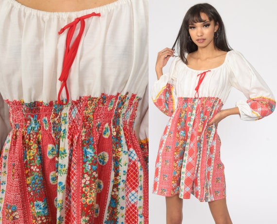 Peasant Mini Dress 70s Babydoll Dress Milkmaid Dr… - image 1