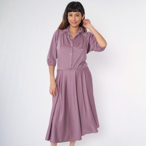 80s Purple Shirt Dress Button Up 3/4 Puff Sleeve Dress Vintage Midi Shirtdress High Waisted Secretary 1980s Collared Blouson Medium Large