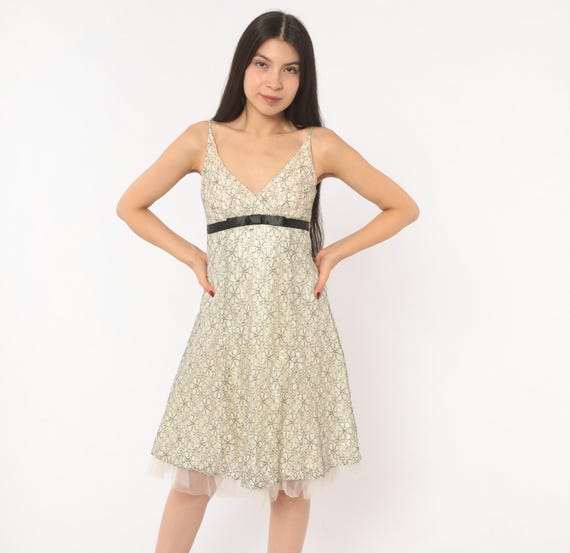 Y2K Lace Overlay Sundress Cream Floral V Neck Black Satin Ribbon Empire Waist Tulle Coquette Party Going Out Wedding Guest Extra Small XS