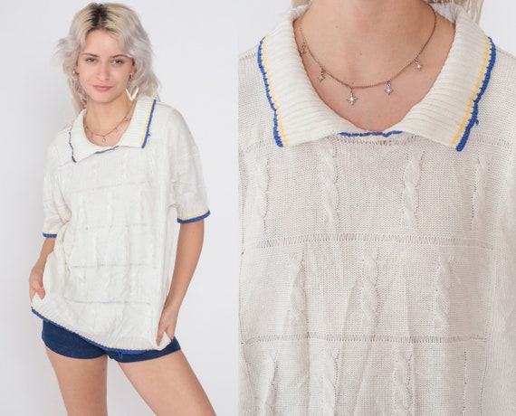 White Sweater Top 80s Cable Knit Shirt Short Sleeve Tennis Sweater Cableknit Collared Blouse Blue Yellow Ringer Cotton Vintage 1980s Medium