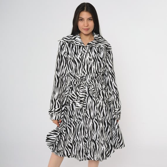 Zebra Print Trench Coat Y2K Black White Animal Print Belted Midi Coat Button Front Wide Collar Statement Outerwear Polyester Extra Large XL