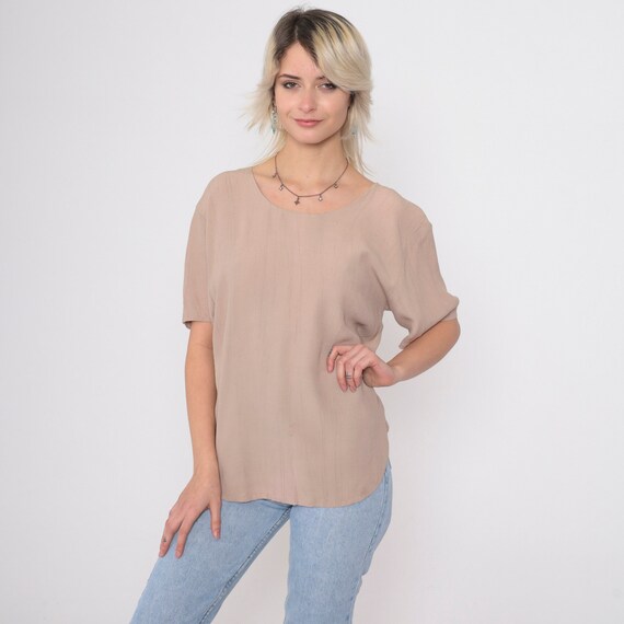 Plain Taupe Top 90s Pullover Crinkled Rayon Blend Short Sleeve Blouse Basic Simple Shirt Minimalist Solid Flowy Top Vintage 1990s Small S