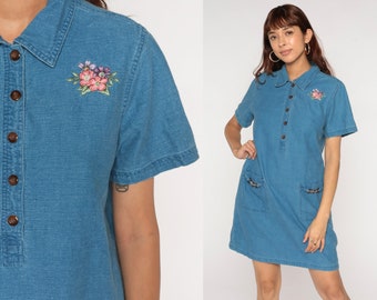 90s Chambray Dress Floral Embroidered Mini Jean Vintage 1990s Button Up Short Sleeve Blue Short Sleeve Collar Shift Linen Cotton Medium