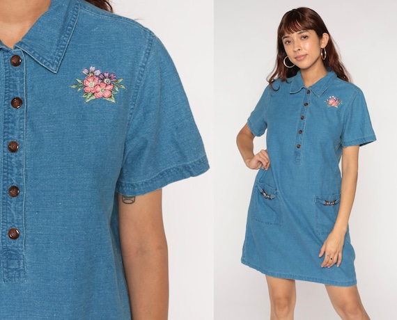 90s Chambray Dress Floral Embroidered Mini Jean Vintage 1990s Button Up Short Sleeve Blue Short Sleeve Collar Shift Linen Cotton Medium