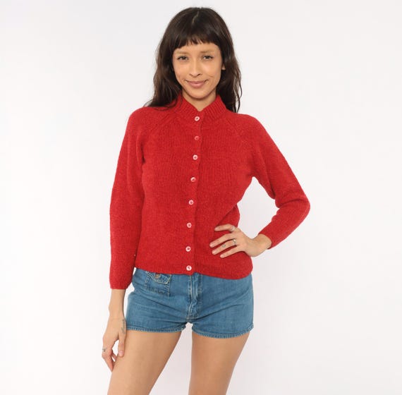 70s Cardigan Red Button Front Knit Sweater Crimson Cherry Fitted Knitwear Vintage Shetland Wool Preppy Collegiate Academic Extra Small XS