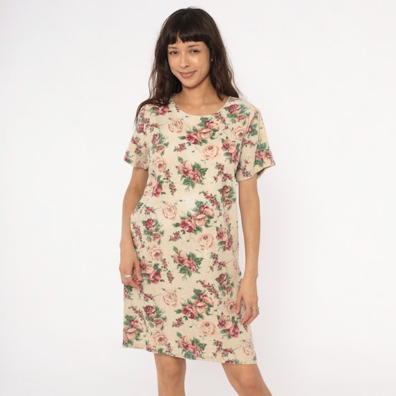 80s Floral Dress Linen Blend Rose Print Short Sleeve Shift Cream Pink Beige Cottagecore Summer Pullover Romantic Vintage Tapestry Medium M