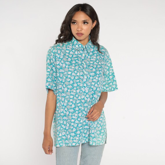 Blue Floral Shirt 90s Collared Half Button Up Shirt Retro Preppy Flower Print Shirt Short Sleeve Summer Top Collar Vintage 1990s Men's Large