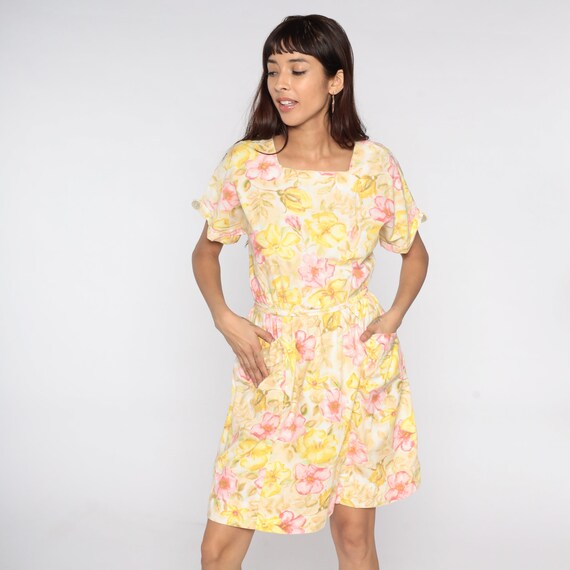 60s Floral Dress Yellow Flower Print Mini Dress Belted Full Pleated Skirt Mod Boho Vintage 1960s High Waist Bohemian Short Sleeve Medium