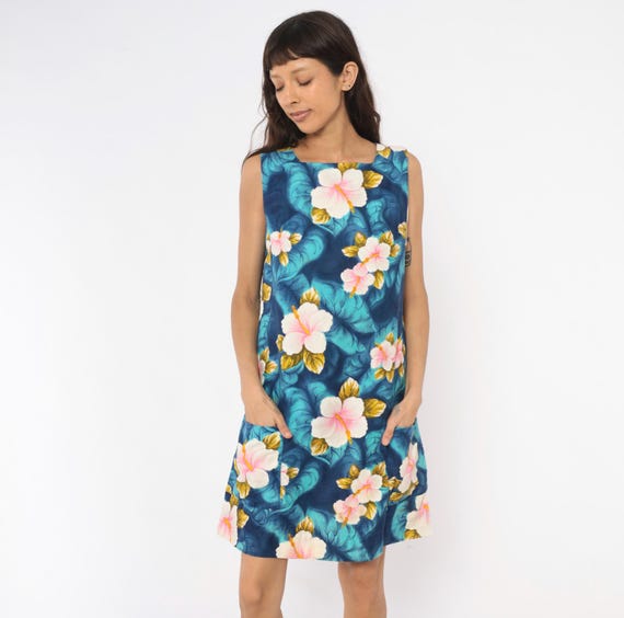 80s Hawaiian Hibiscus Dress Floral Shift Sleeveless Navy Blue Teal Pink Cotton Tropical Summer Vacation Flower Pocket Sundress Medium M