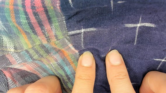 Patchwork Button Up 90s Ikat Print Navy Chambray … - image 10