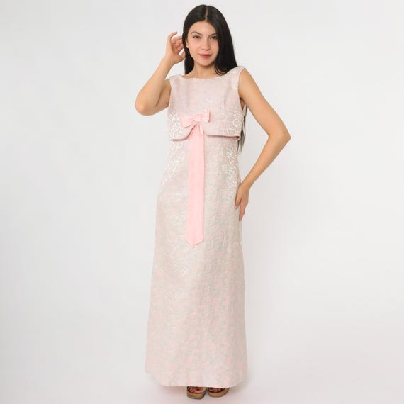 Bow Tie Dress Pink 60s Formal Floral Maxi Dress Empire Waist Cocktail Party Wedding Guest Romantic Elegant Vintage Feminine Small S