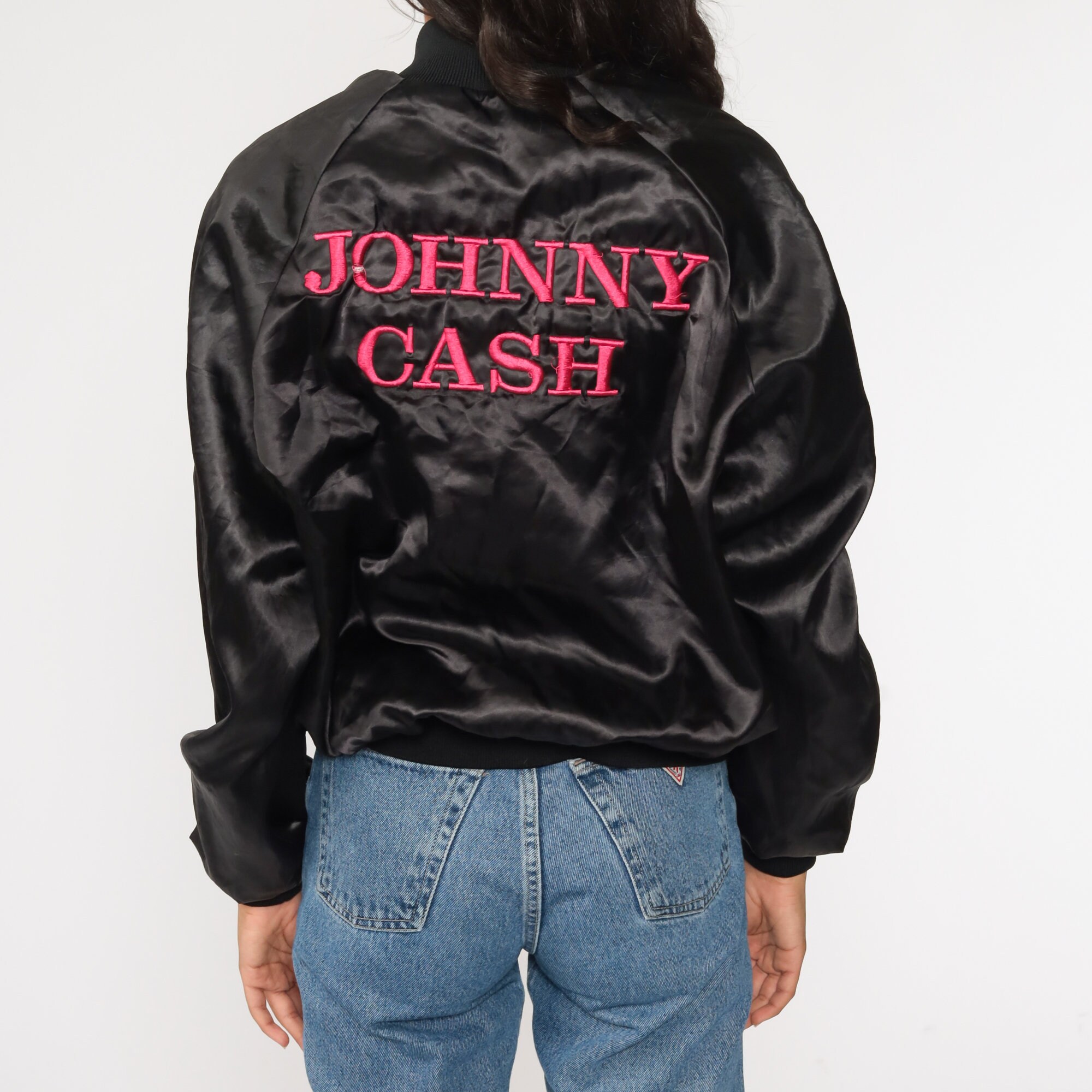 Johnny Cash Jacket Stadium Satin Bomber Jacket 80s Black Band Tour Jacket Embroidered Jacket 1980s Vintage Snap Up Large