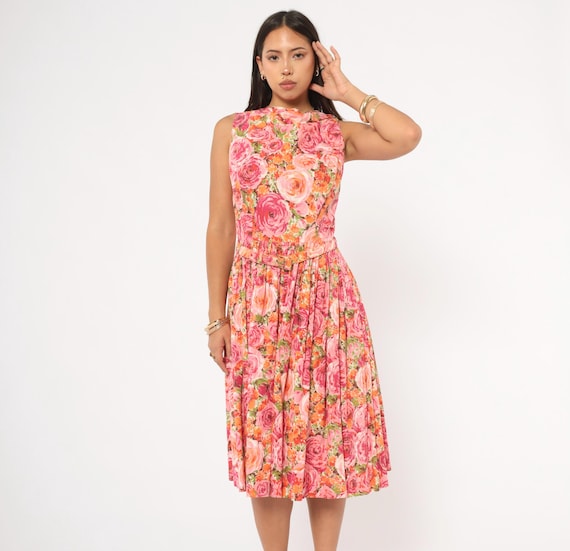 60s Rose Print Dress Pink Floral Sleeveless Cotton Pleated Skirt Bow Back Drop Waist Garden Party Orange Coral Summer Spring Frock Small S
