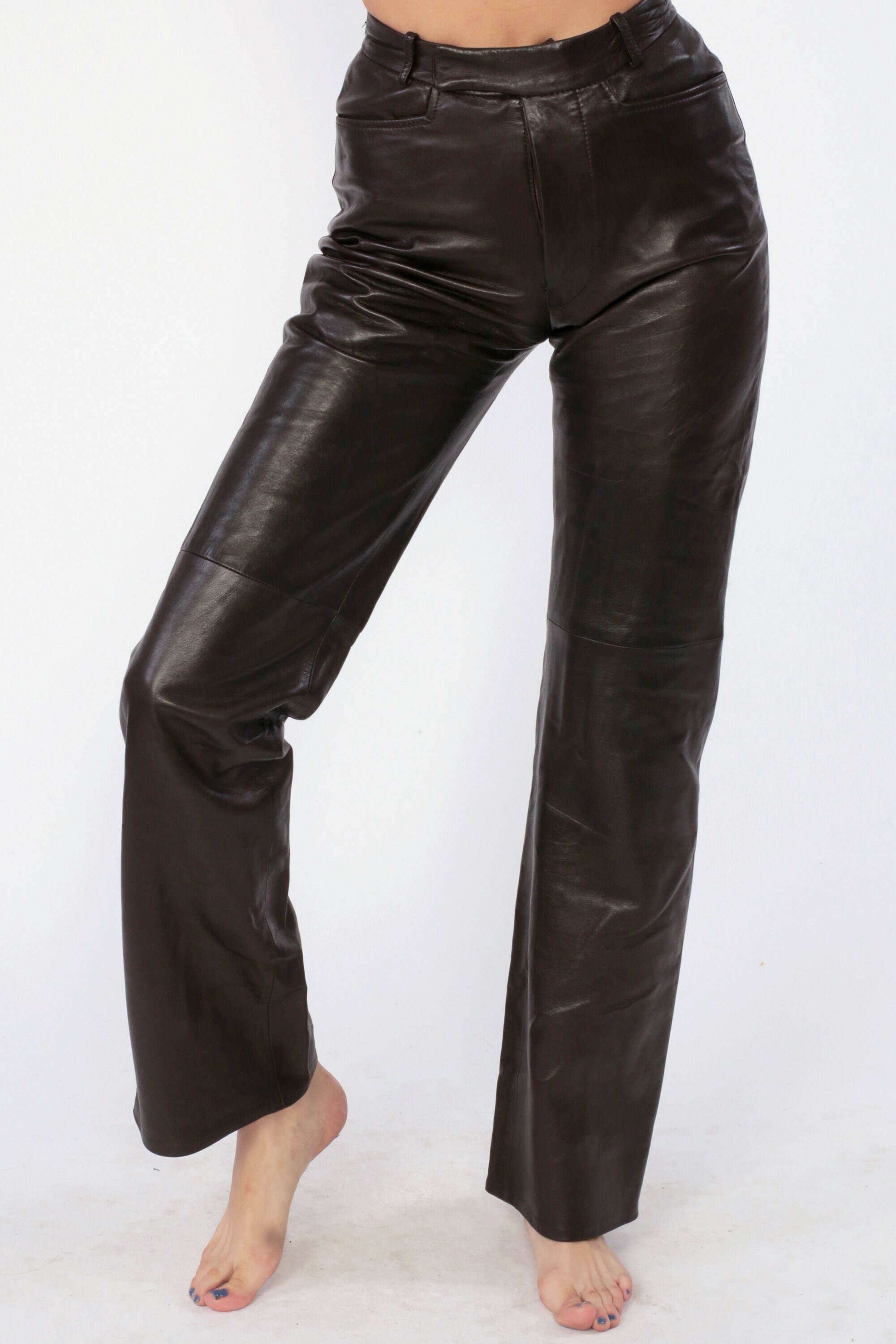 Gucci Leather Pants 90s Brown Leather Trousers High Waisted Biker Pants Tapered Bootcut Y2K 