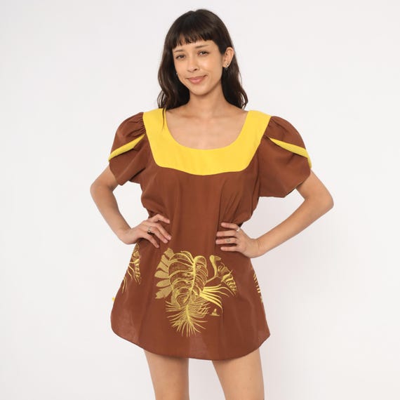 Tropical Puff Sleeve Mini Dress Brown Gold Monstera Leaf Hawaiian Cotton Summer Beach Vacation Chocolate Yellow Colorblock Vintage Small S