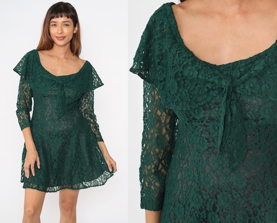 Green Lace Dress 90s Mini Flounce Overlay Grunge Sheer Sleeve Cut Out Boho 1990s Vintage Ruffle Necktie Party Long Sleeve Romantic Small Etsy