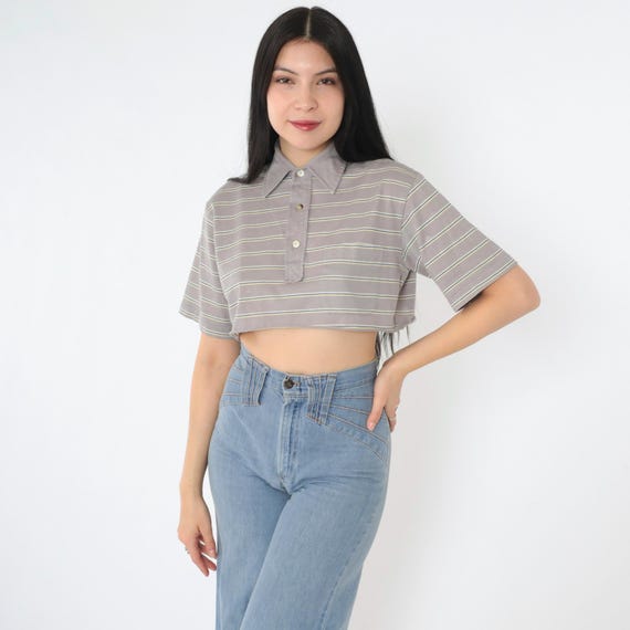 Vintage Christian Dior Polo Shirt 80s Grey Striped Crop Top Distressed Designer Short Sleeve 1980s Retro Cropped Pocket Tee Small S